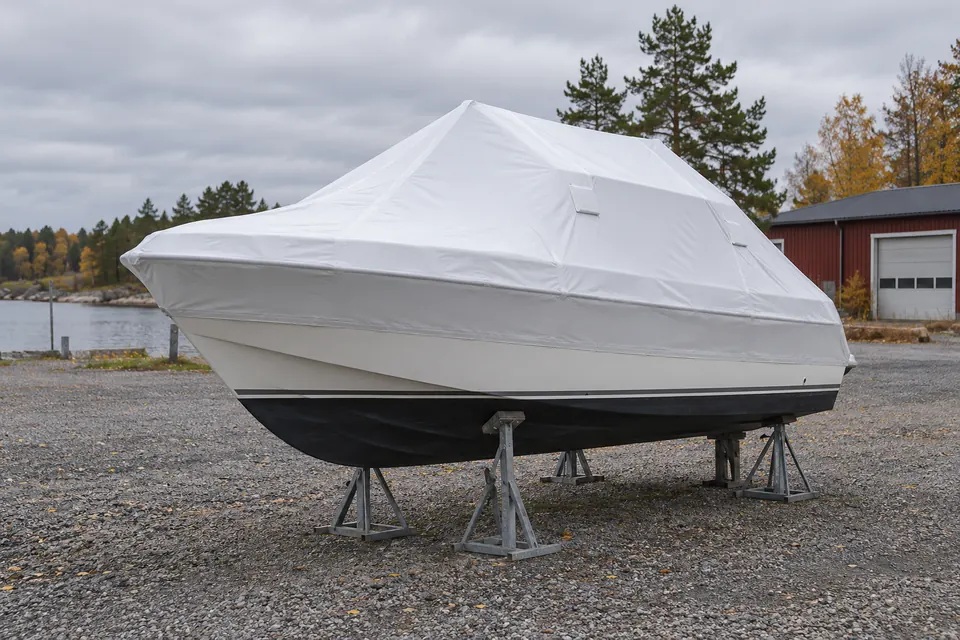 Motorbåt på land täckt med vit krympplast